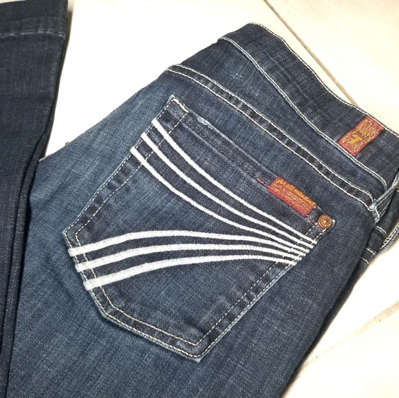 7FAM Dojo Boot Cut Dark Wash White Stitch 28 by 29 - Picture 2 of 6